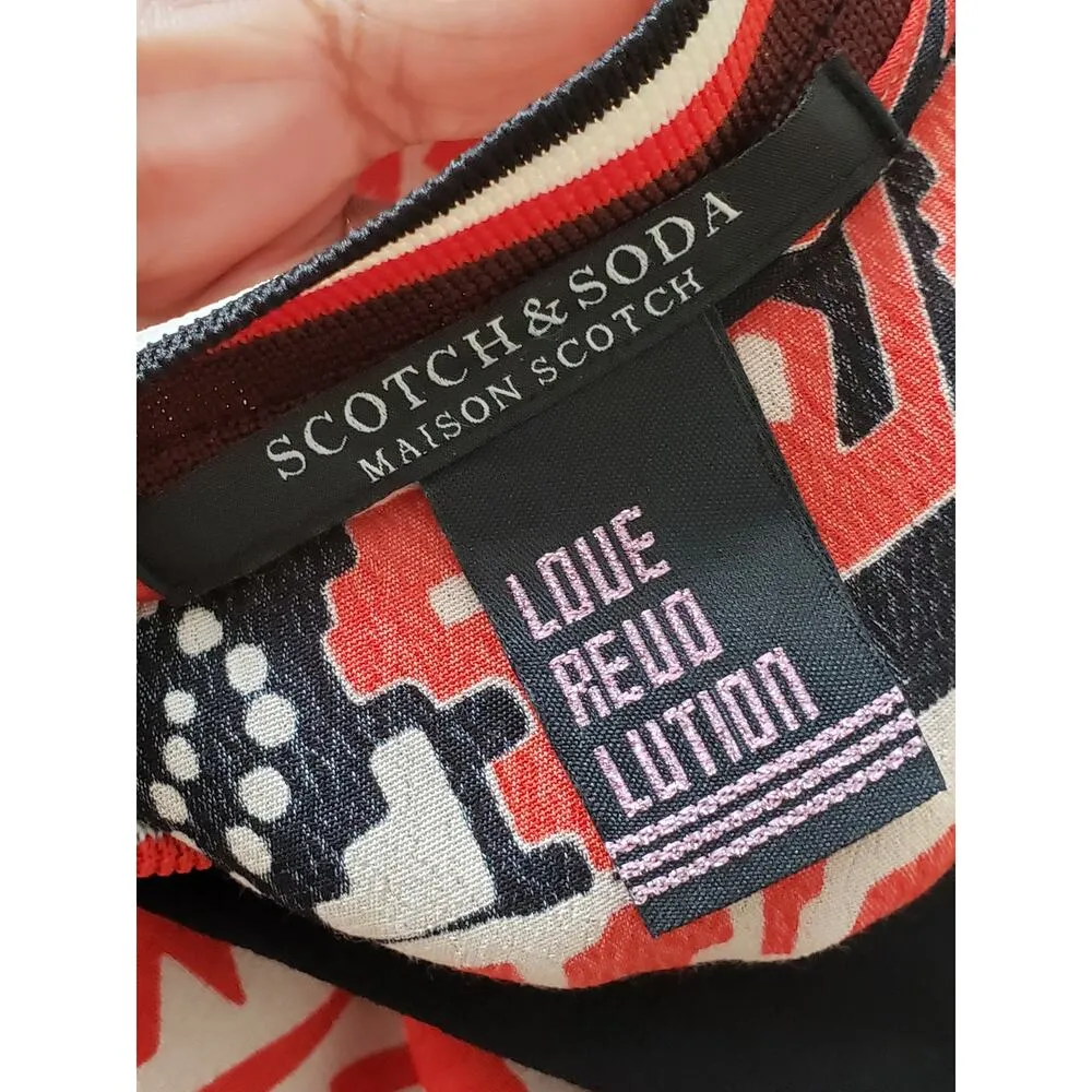 Scotch and Soda Knee Length Dress Womens Multi Geo Print Viscose Split V Neck Orange - Image 2