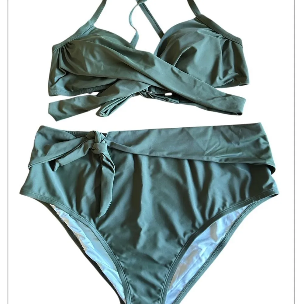 CUPSHE Army Green Bikini High Waisted Wrapped Front Knotted Bottom Size 3X NEW - Image 4