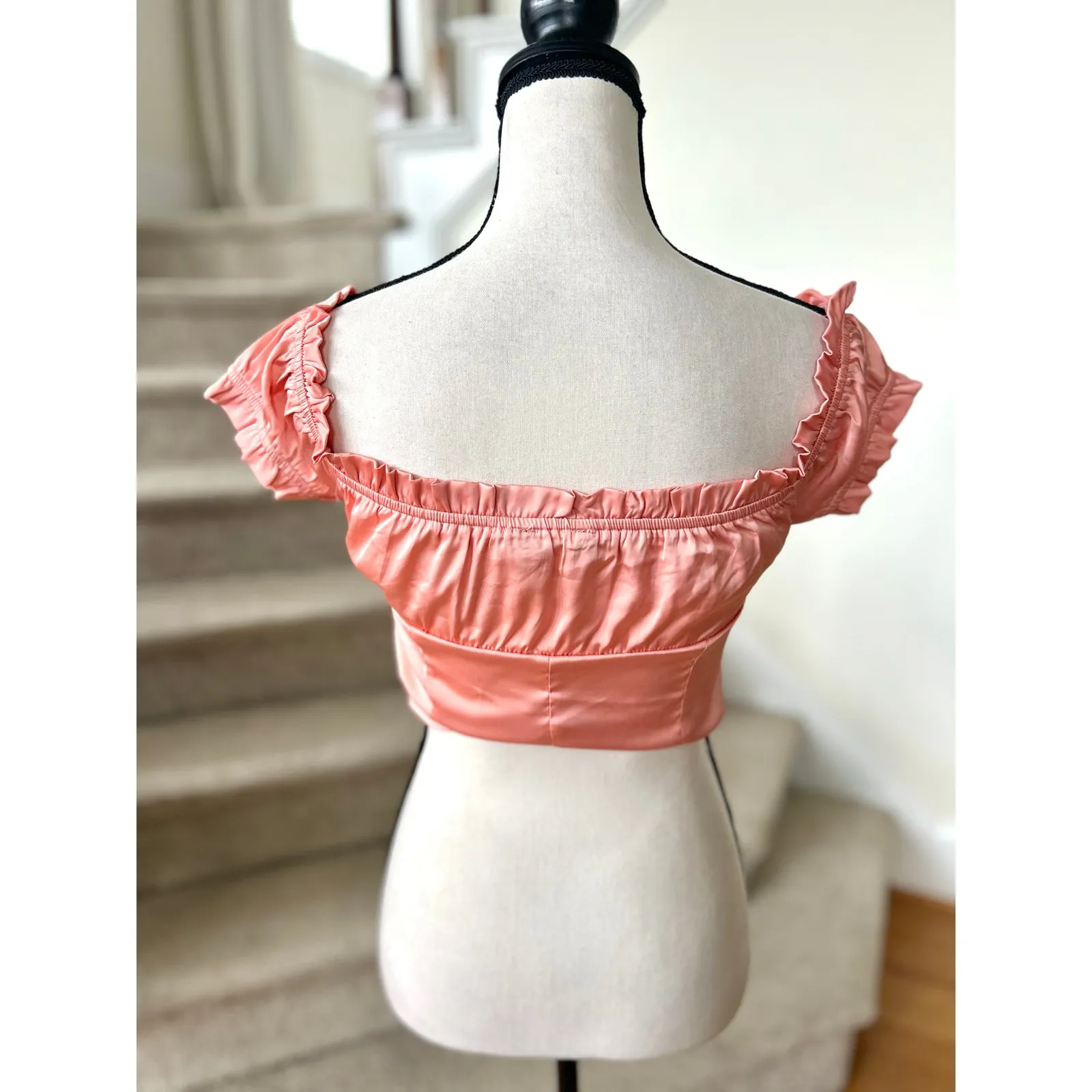 Nasty Gal Pink Satin Cropped Bustier Milkmaid Puff Sleeve Coquette Top - Image 3