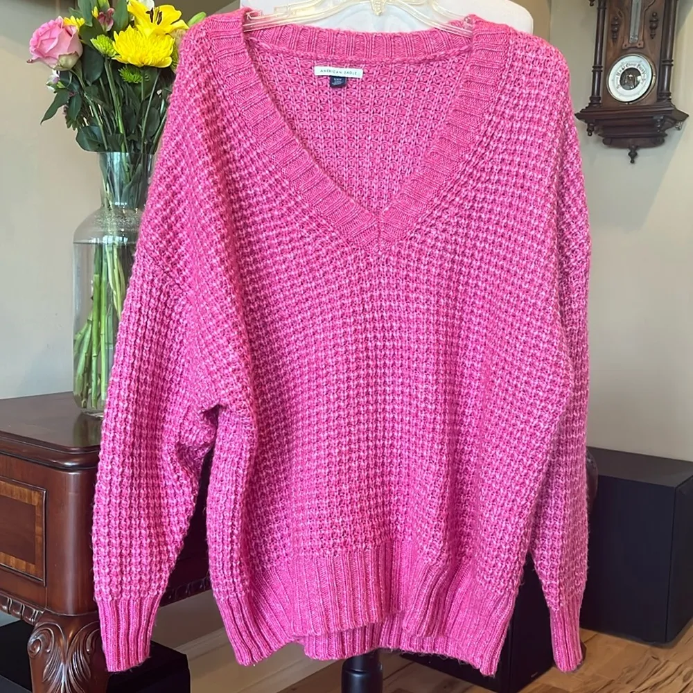 American Eagle Oversized V Neck Pink Sweater - Image 3