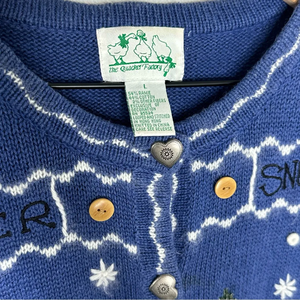 Vtg 90s Quacker Factory Cardigan Snowman Winter Holiday Granny Knit Sweater L - Image 9