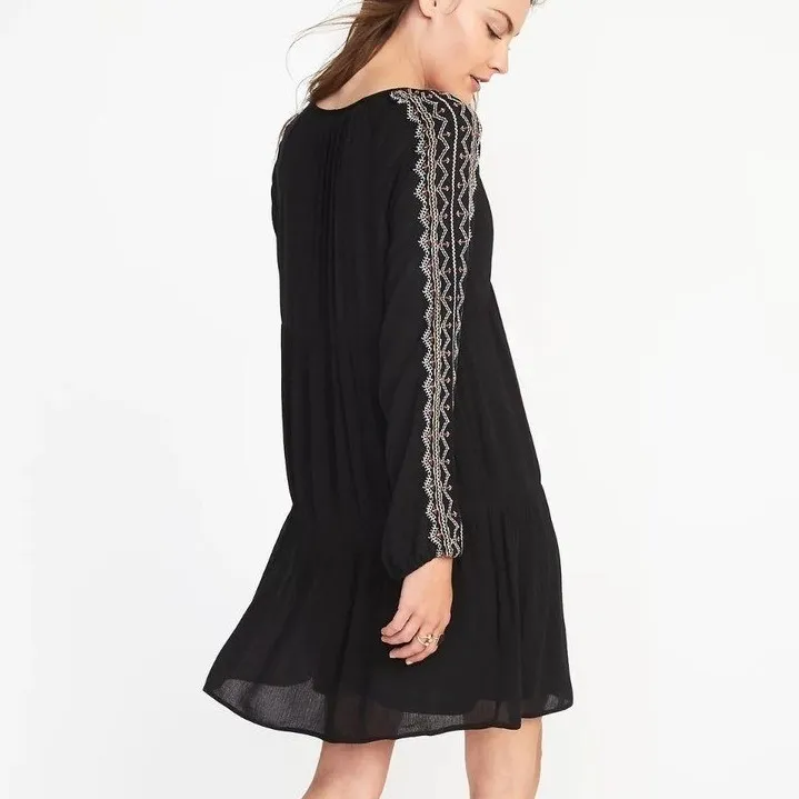 Old Navy Embroidered Gauze Tassel Tie Mini Dress Women's Large Black Boho Hippie - Image 3