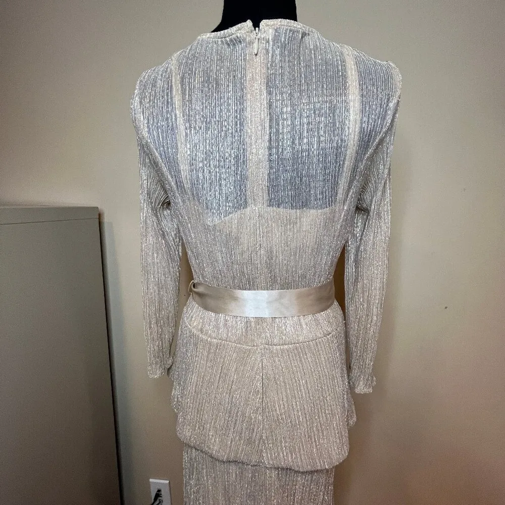 Gold Metallic Peplum Gown Dress Formal Gala SZ 12 MOTB Maxi Belted Elegant LS - Image 3