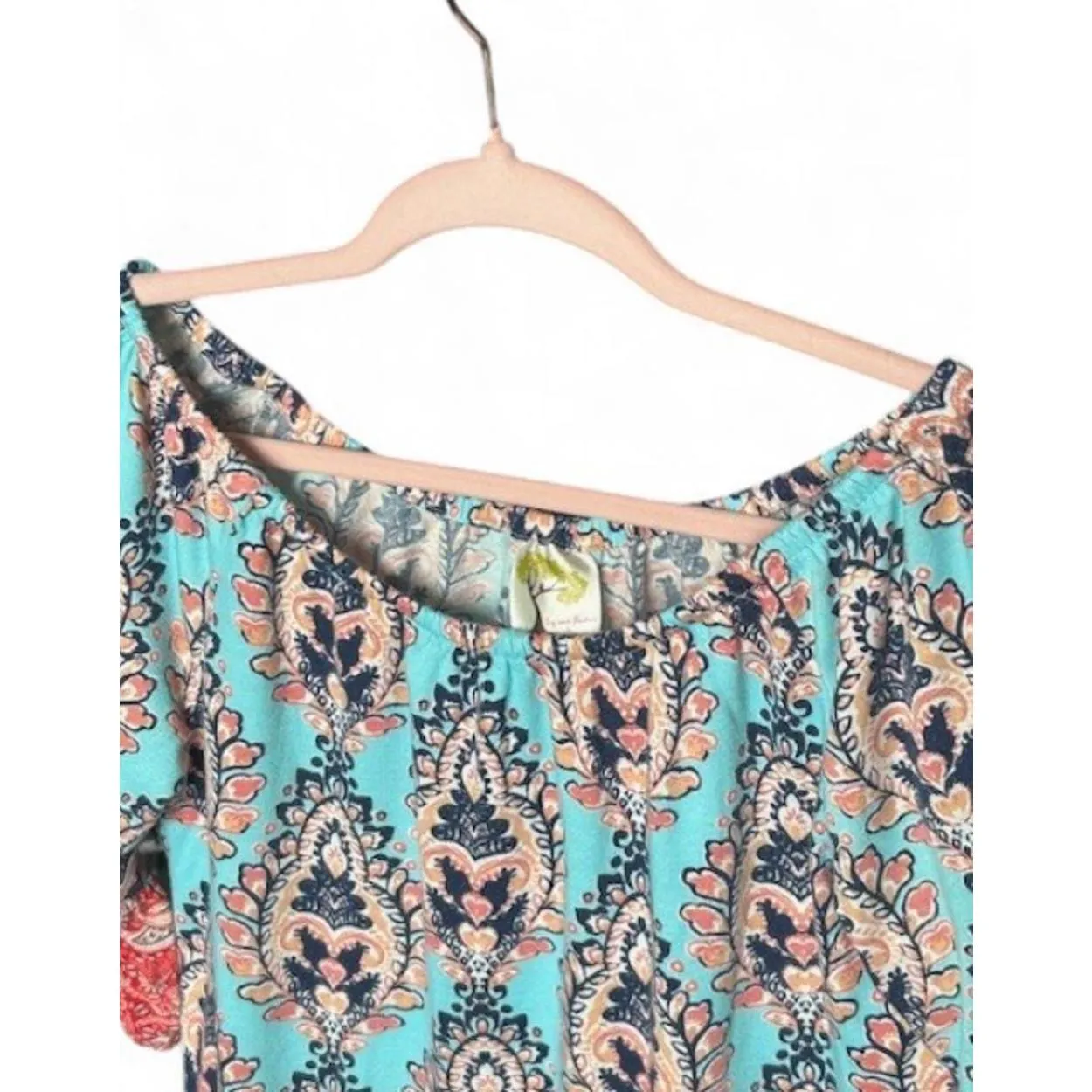 Fig & Flower Mixed Media Paisley‎ Blouse Women’s S Aqua & Red Boho Bell Sleeves - Image 4