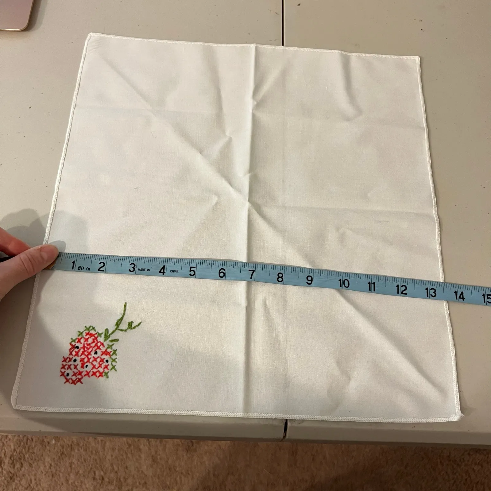 Vintage White Handmade Embroidered Strawberry Fruit Neck Tie Bandana - Image 6