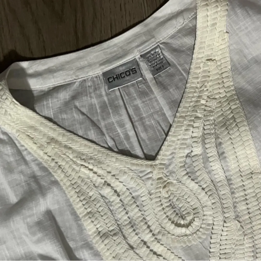 Chico’s rounded bib flavian Tunic Shirt top blouse Women’s 2 White Gauze Linen - Image 6