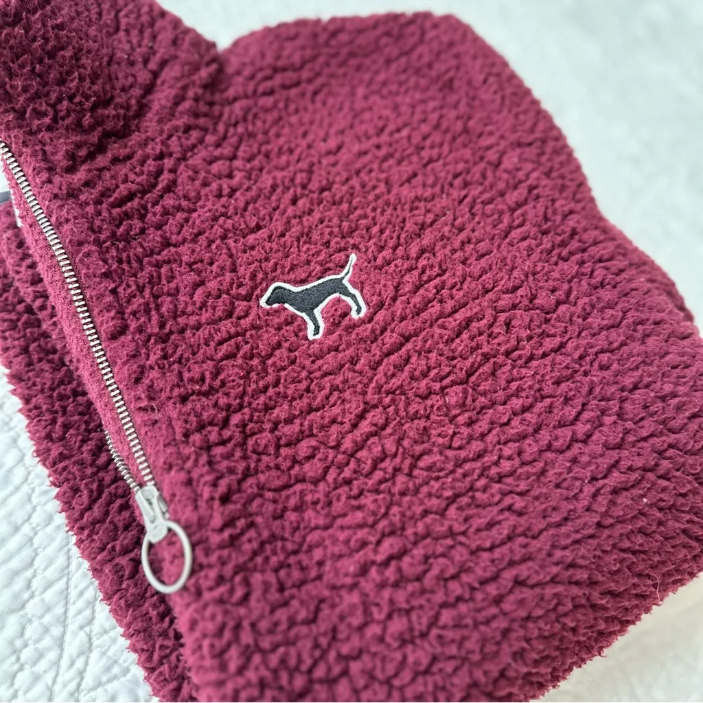 Victoria’s Secret Pink Burgundy Maroon Sherpa Quarter Zip Pullover S Small - Image 6
