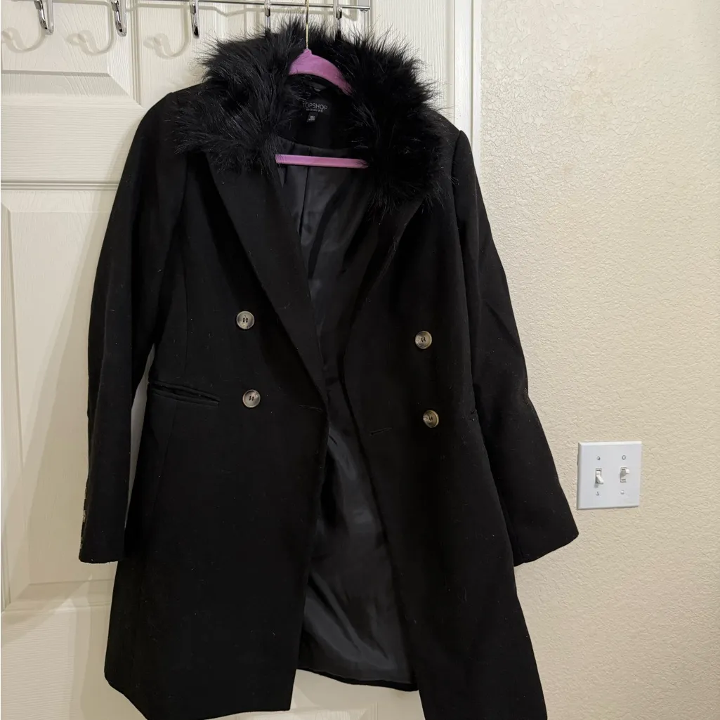 Topshop Fur Collar Black Long Coat - Image 5