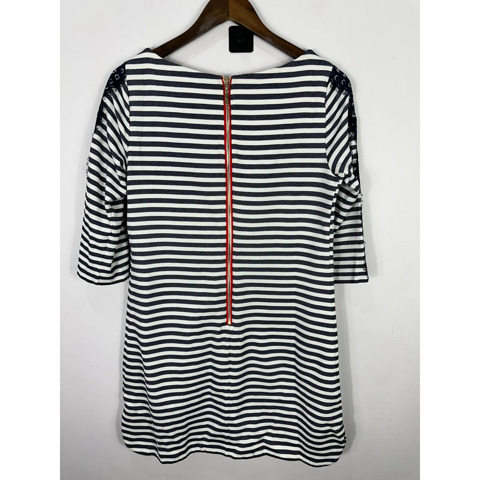 Elize J Striped Shift Dress Womens 8 Blue White 3/4 sleeve Lace Nautical Preppy - Image 4