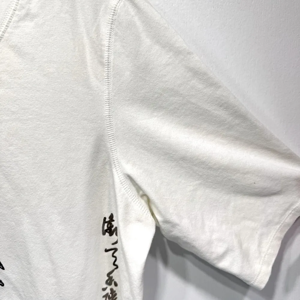 Chico’s Zenergy White Tee Blue & Olive Green Floral Metal Studs Asian Symbols - Image 5