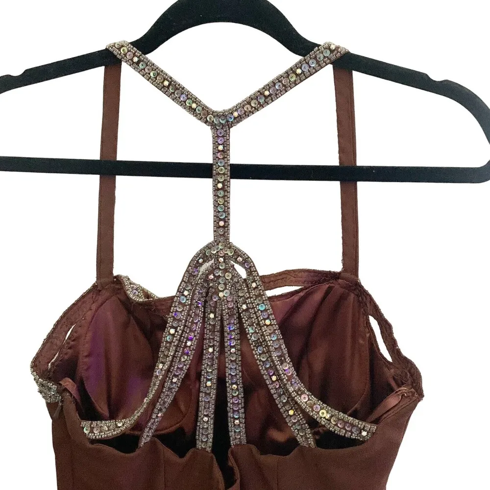 Vintage Sterling by Stone Ferris Brown Maxi Dress 8 Gown Formal Rhinestones Slit - Image 7