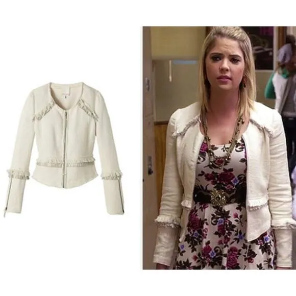 Rebecca Taylor Cotton Tweed Suiting Jacket Cropped Full Zip Fringe White Small - Image 2