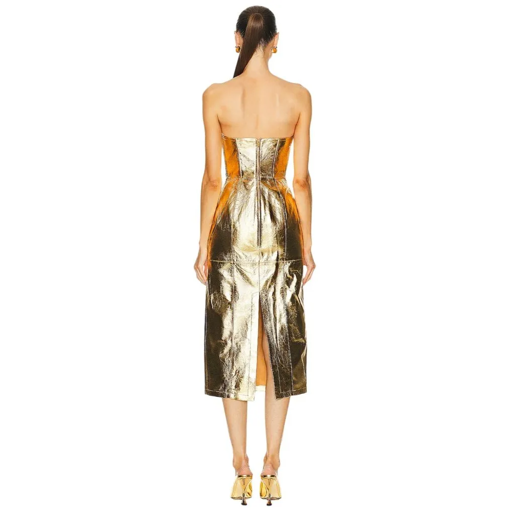 Blumarine Strapless Midi Dress in Gold 42 New Womens Leather Strapless Runway Size undefined - Image 2