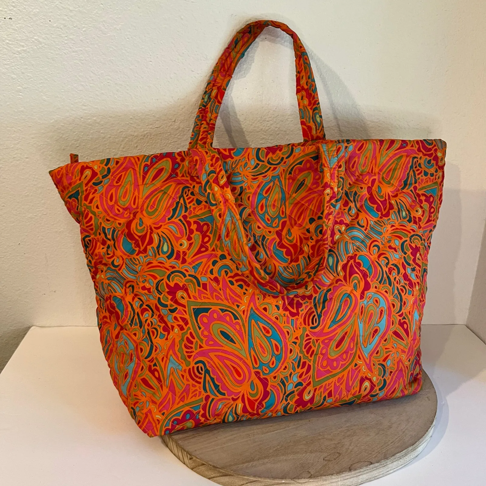 Orange Multi Colored Quilted Floral Printed Nylon Double Handle Zipper Tote Bag - Image 8