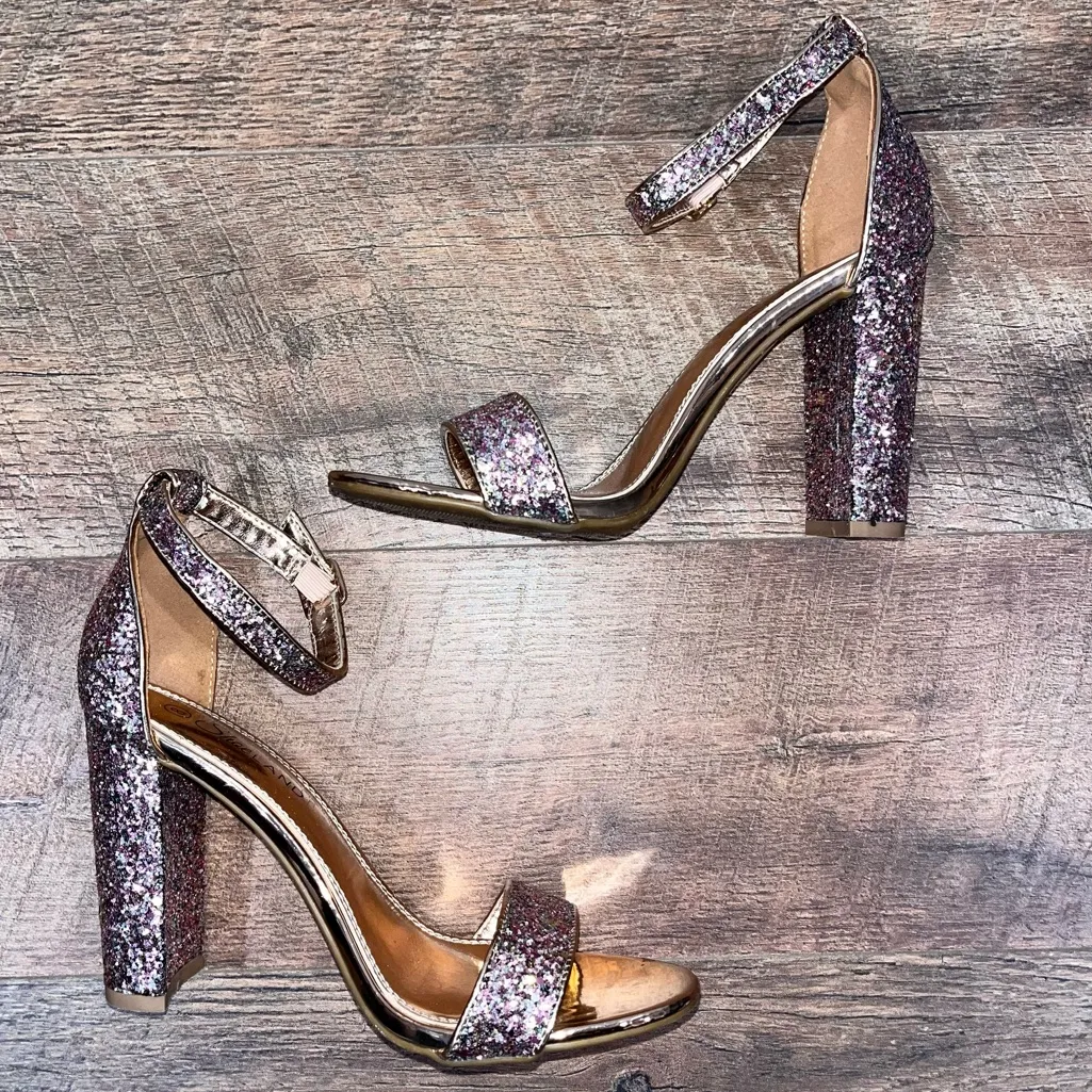 Rose Gold Glitter Strappy Block Heels Pink Size 8 - Image 2