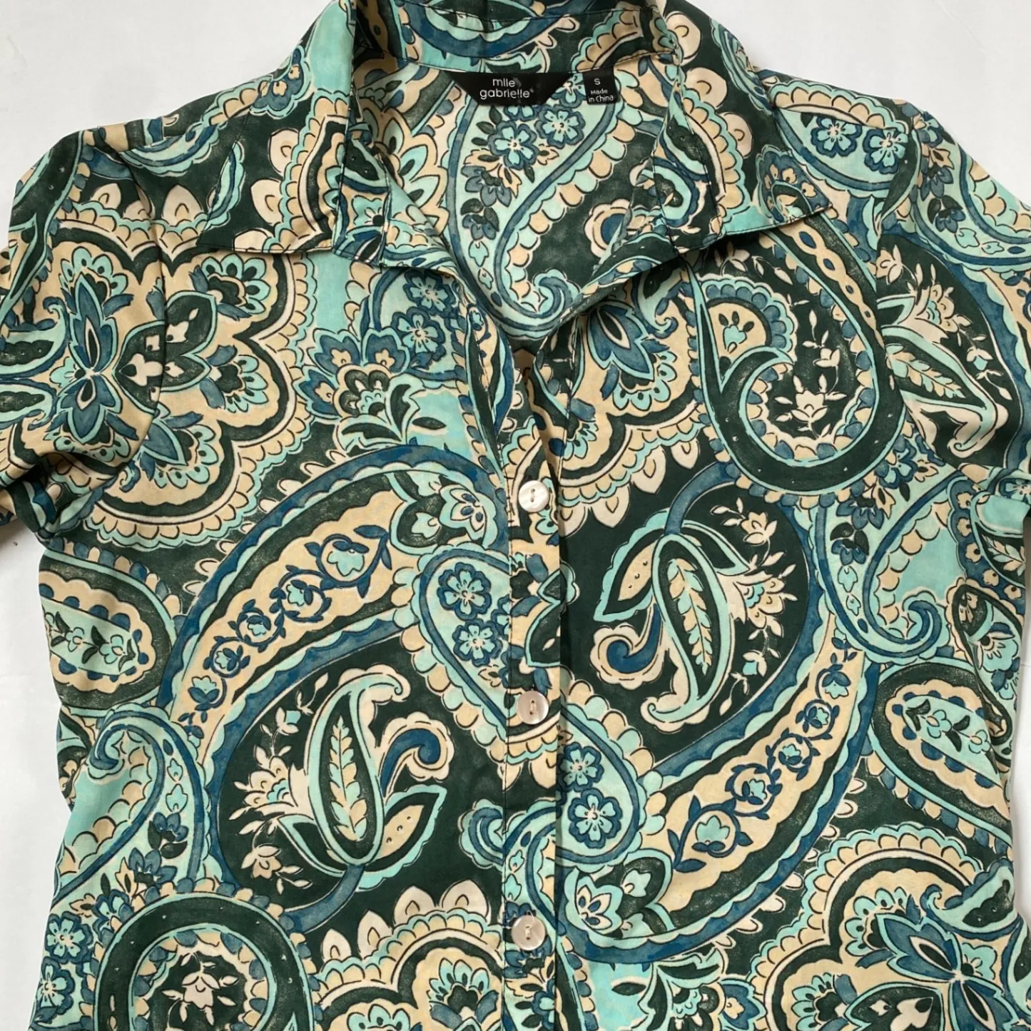 Mlle Gabrielle Paisley Aqua Teal/Tan Shirtdress W/ Tie Belt‎ - S EUC - Image 5