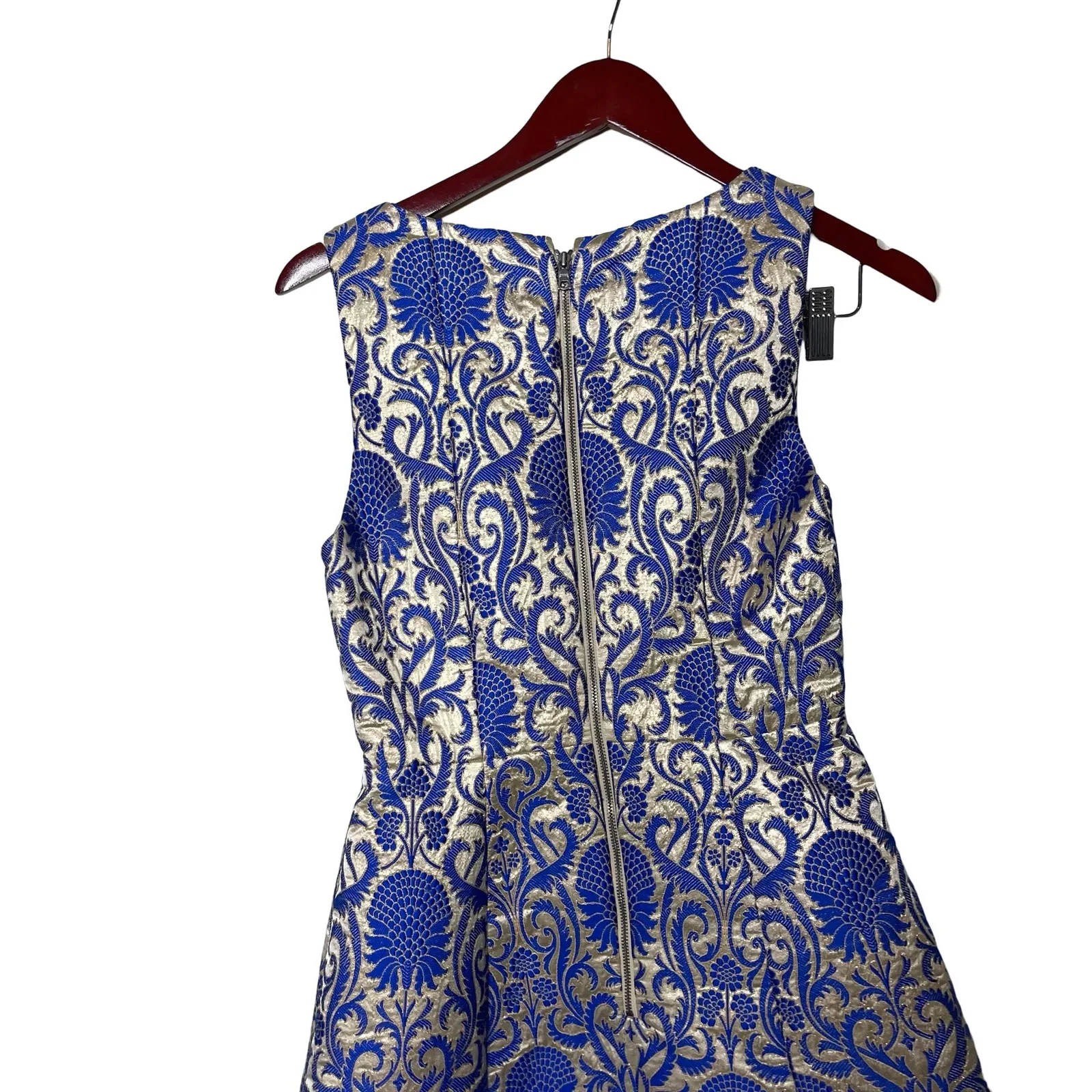 Alice + Olivia Carrie Blue Gold Floral Jacquard Print V neck Dress sz 4 - Image 4