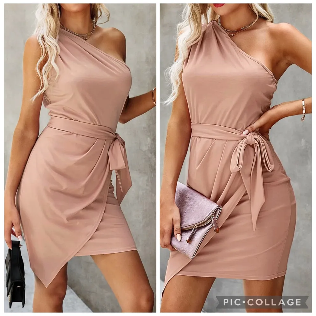 NWT PrettyGarden Dress One Shoulder Mini Body-con Asymmetrical Hem Nude Pink L - Image 2