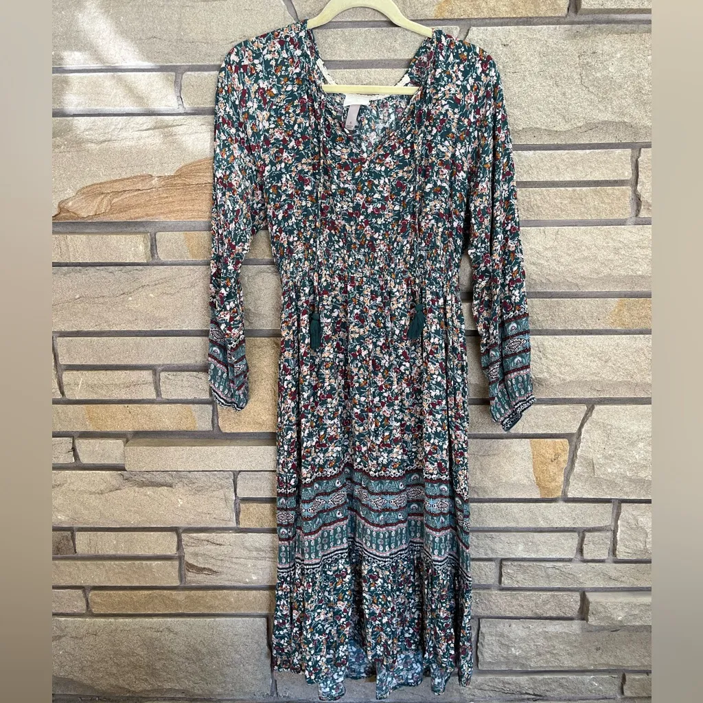 Knox Rose Long Sleeve Smocked Dress Green Floral Print Boho tassel Small - Image 3
