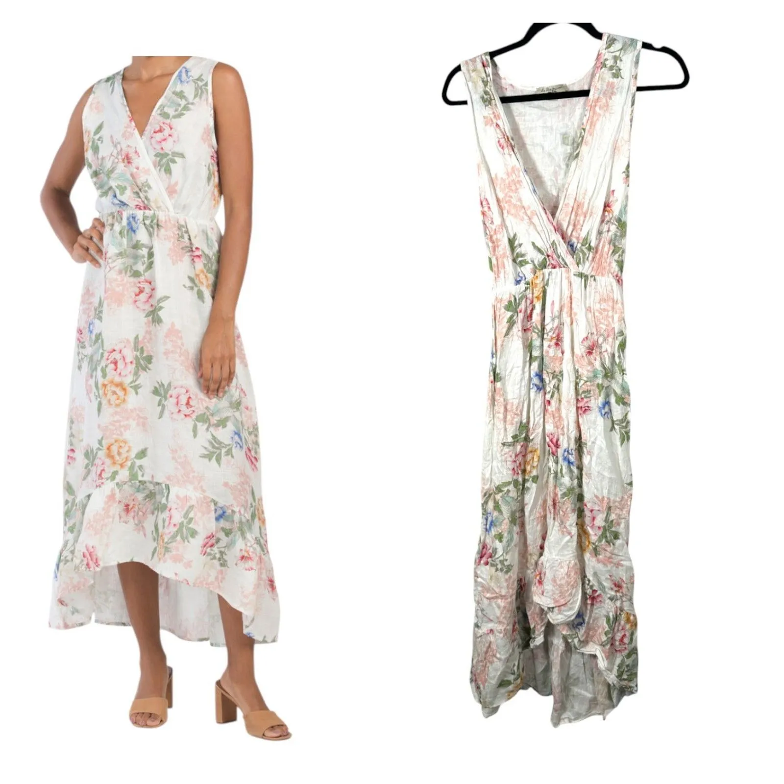 Le Ragazze Italy Linen Floral Boho Cottage High Low Maxi Dress Size Medium - Image 2