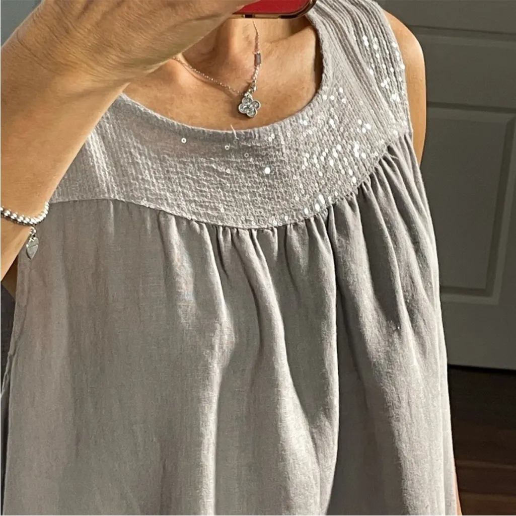 Lungo L’arno 100% Linen with Sequins Neckline and Hem Shift Dress S Silver - Image 5