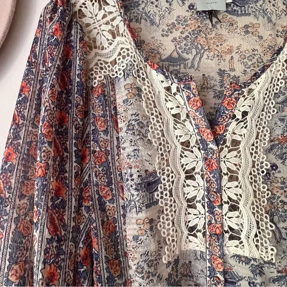 ANTHROPOLOGIE HD IN PARIS Chinoiserie Peasant‎ Blouse BOHO FLORAL SHEER Size 2 - Image 3