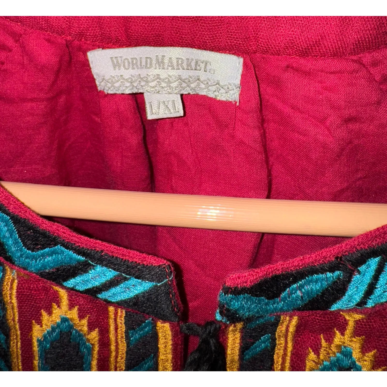 World Market Embroidered Puff Sleeve Jacket L/XL Southwestern Boho Aztec Gauzy Red - Image 9