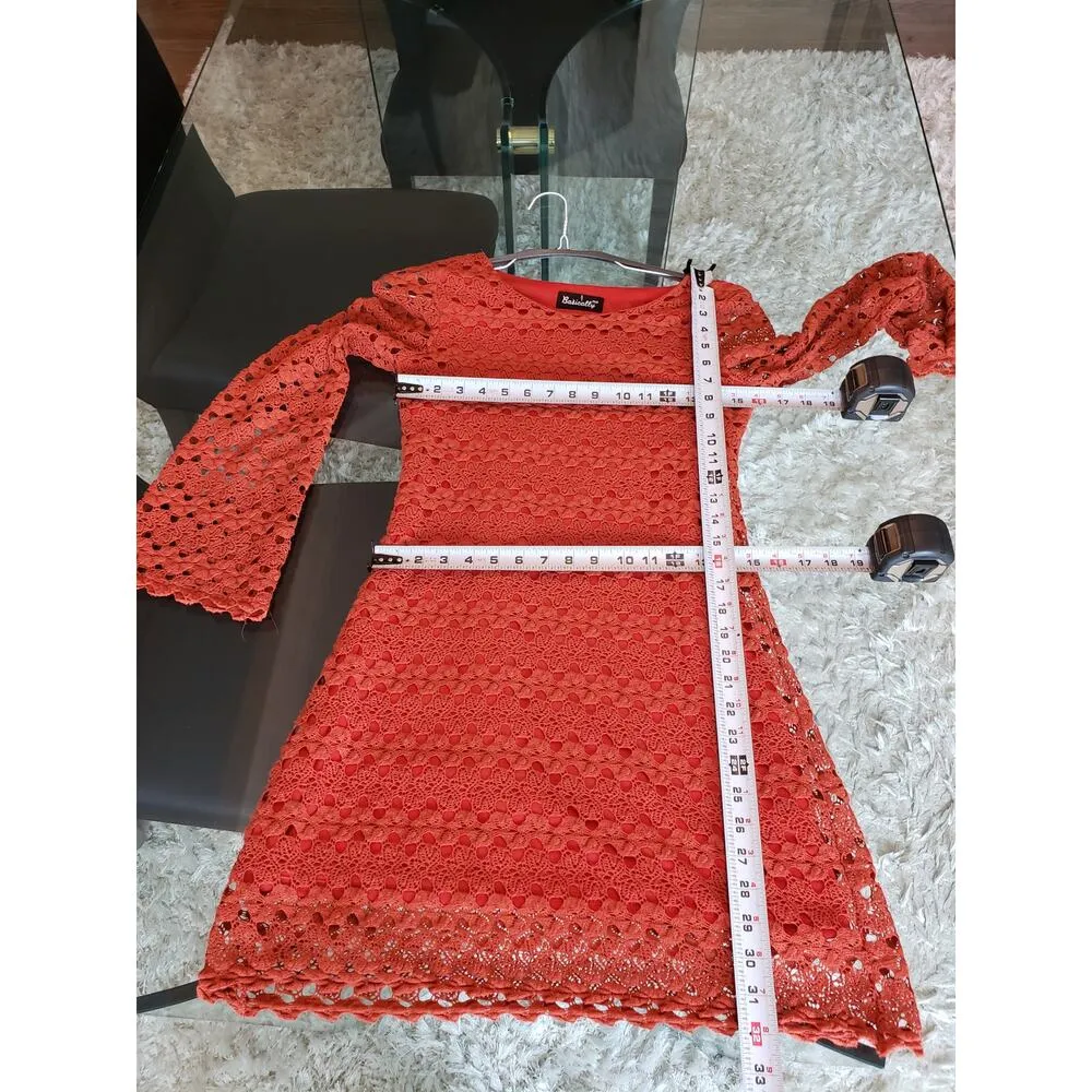 Basically Me Crochet Dress Womens Small Pink Lined Cotton Long Sleeve Round Neck - Image 8