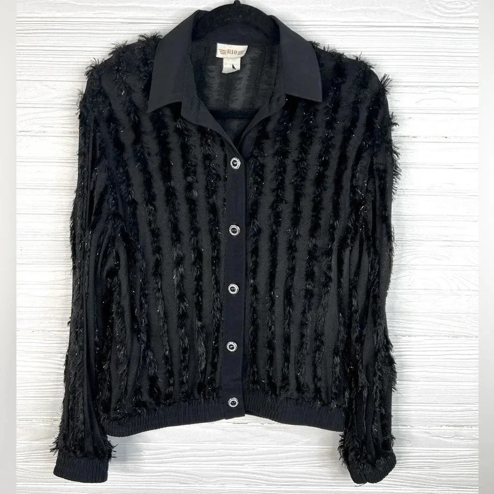 Vintage RIO Black Feather Fringe Jacket Top Rhinestone Buttons Semi Sheer Size M Size M - Image 3