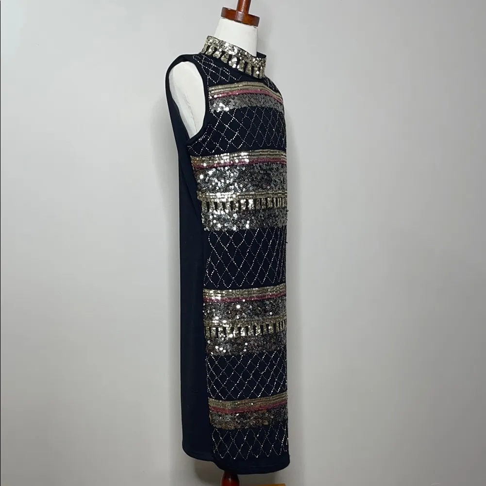 Suzy Sheer Black and Gold Embellished Sequin Cocktail Dress Size Small - Image 5