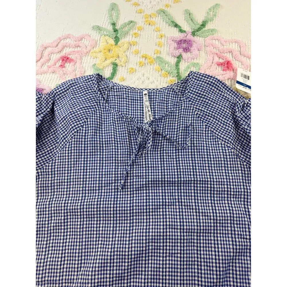 Blue White Gingham Tie Neck 3/4 Sleeve Blouse Shirt Women's Plus Size XL - Image 6