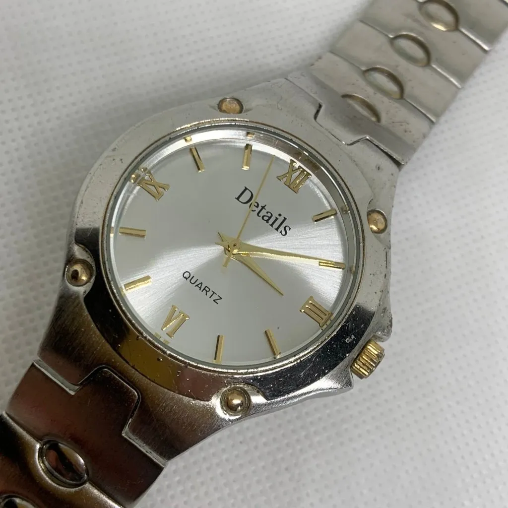 Details vintage men watch silver gold tone 39mm quartz analog up to 8.5” running - Image 2