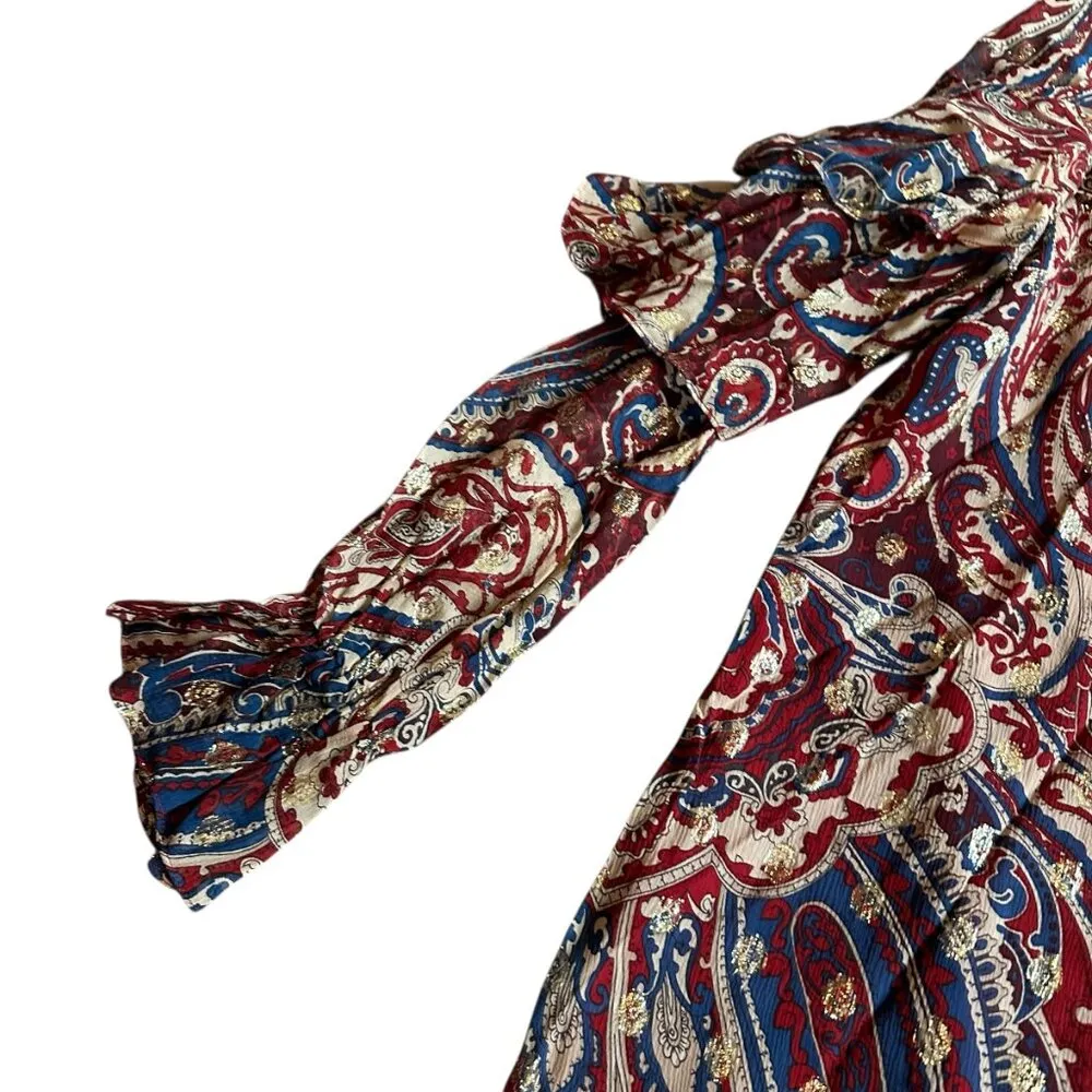 Haute Hippie Silk Long Sleeve Mini Dress Boho Paisley Print Ruffle Size Medium - Image 3