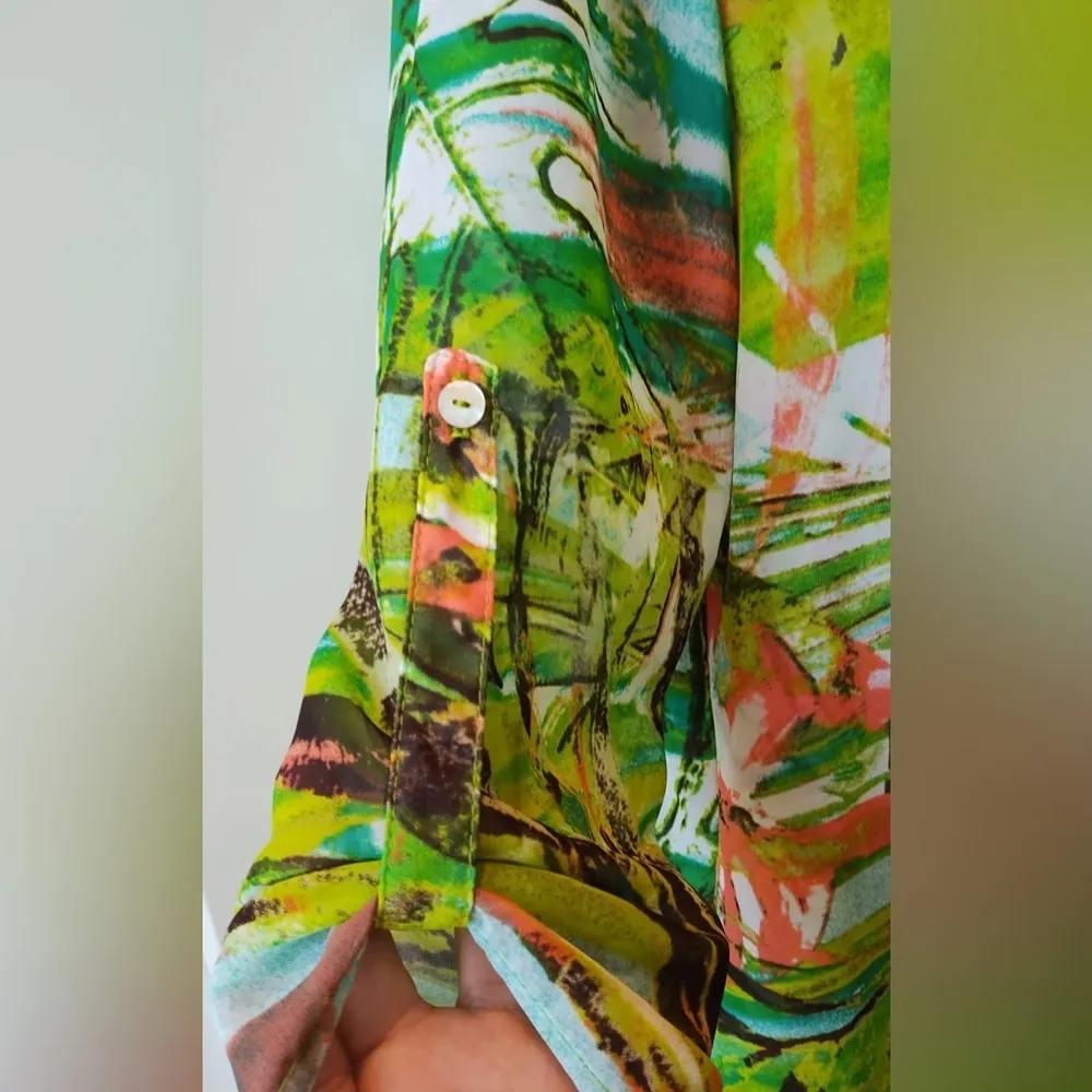 Cha Cha Vente Green Multi-Colored Split Neck 3/4 Sleeve Hi Low Tunic Blouse M - Image 6