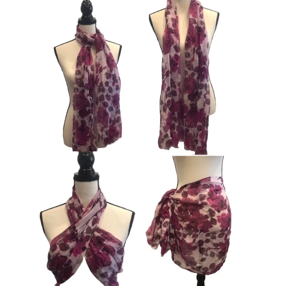 Purple Floral Semi Sheer Long Scarf Wrap Sarong Cover Up 71 x 22.5 inches - Image 5
