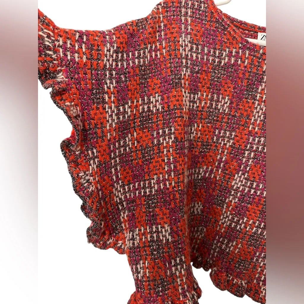 NWOT ZARA Multicolor RUFFLED KNIT TOP Metallic Short Sleeve - Image 3