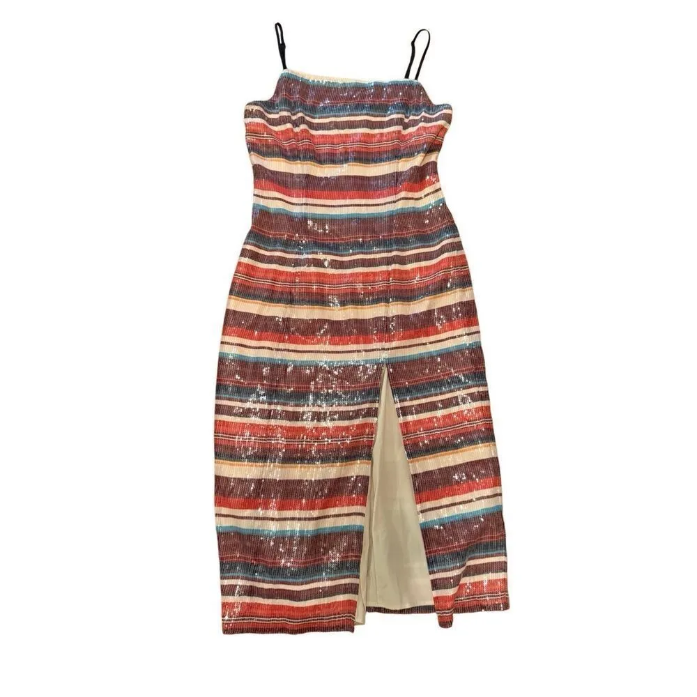 HUTCH Anthropologie Sequined Fall Multicolor Stripe Slip Midi Cocktail Dress Sz - Image 5