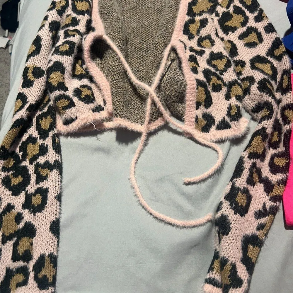 Superdown Marsha Pink & Black Leopard Front Tie Cardigan - Image 6