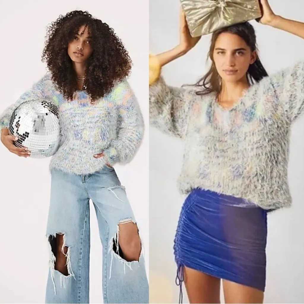 Free People Balloon Sleeve Fuzzy Gelato Pullover Sweater Pastel Rainbow Small - Image 2