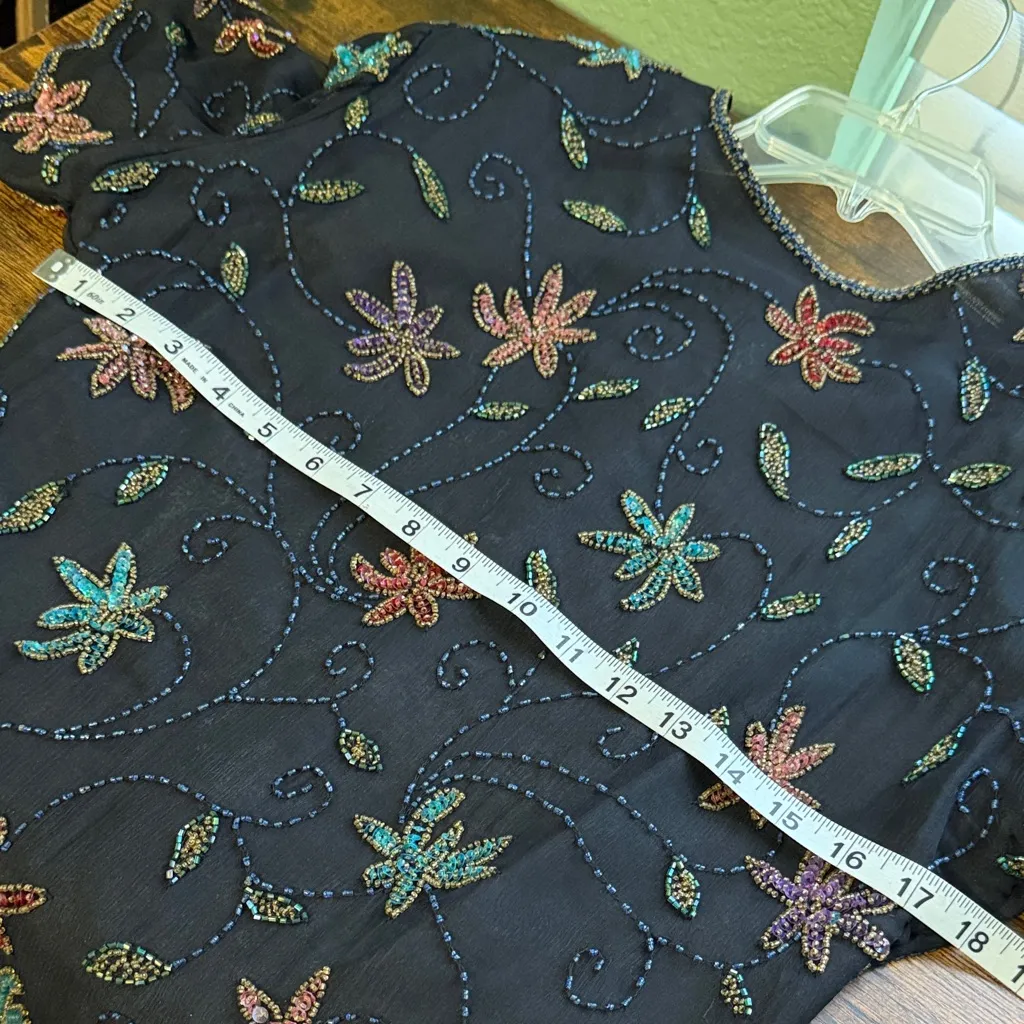 Vintage Silk Beaded Embroidered Black Floral Semi Formal Top Laurence Kazar Size L - Image 9