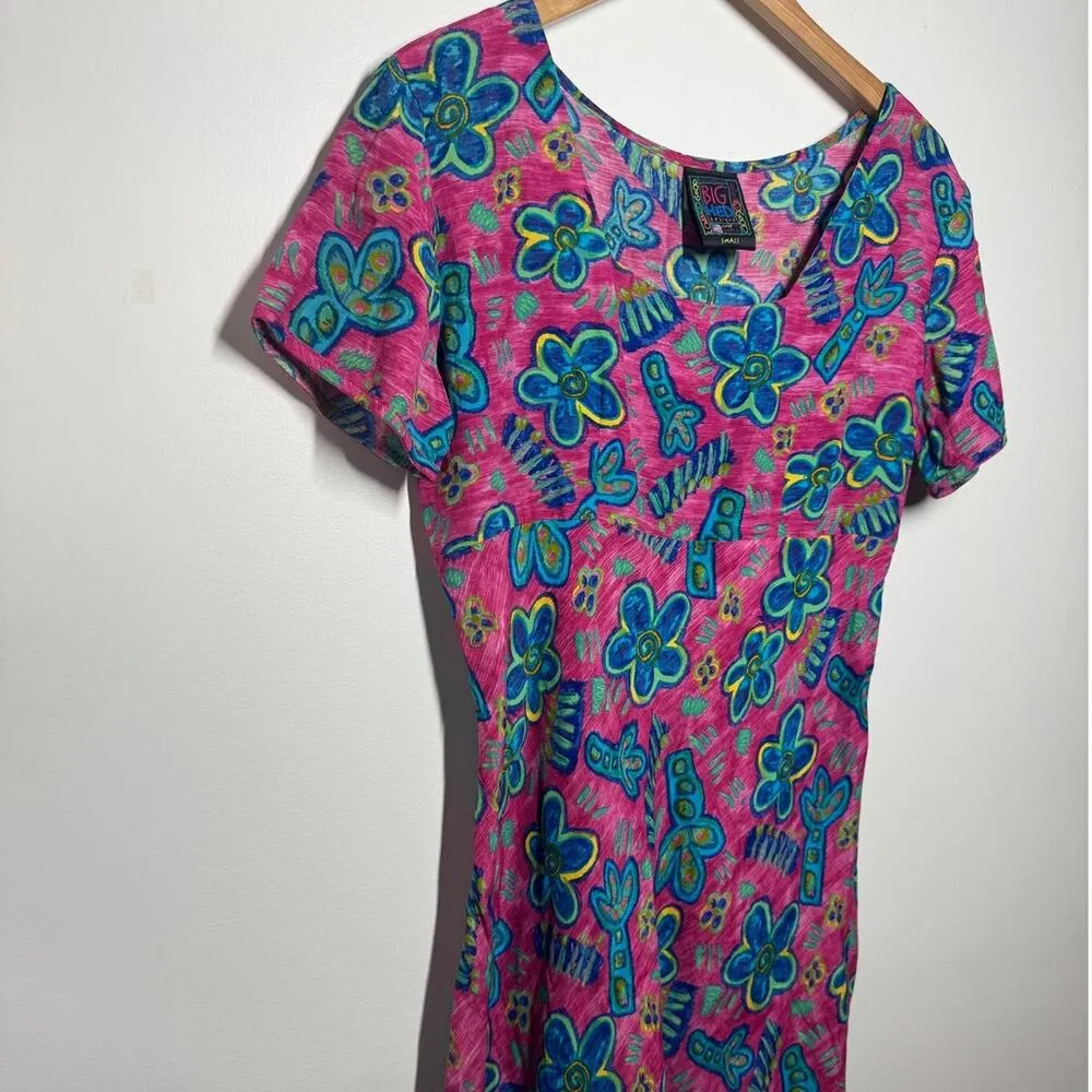 Big Hed Designs Dress S Vintage Women 90's Floral Midi Pink Blue Floral Cartoon - Image 3