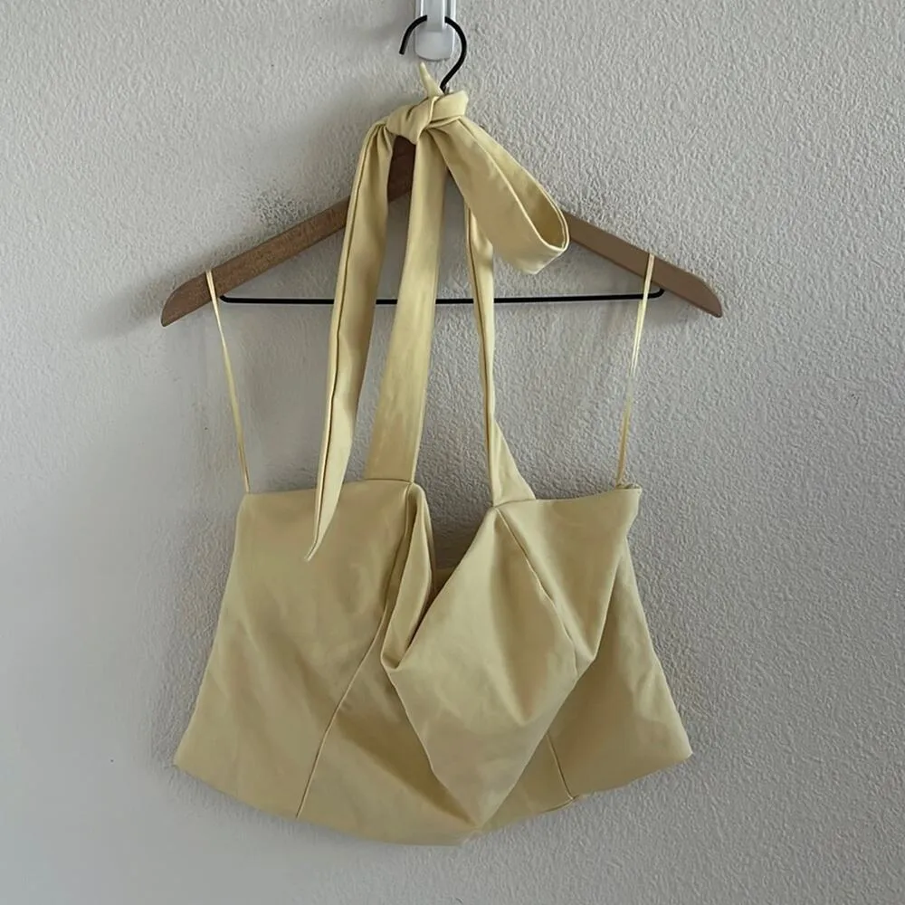 Express Body Contour Muted Yellow Sweetheart Stretchy Halter Tie Cropped Tank XL - Image 2