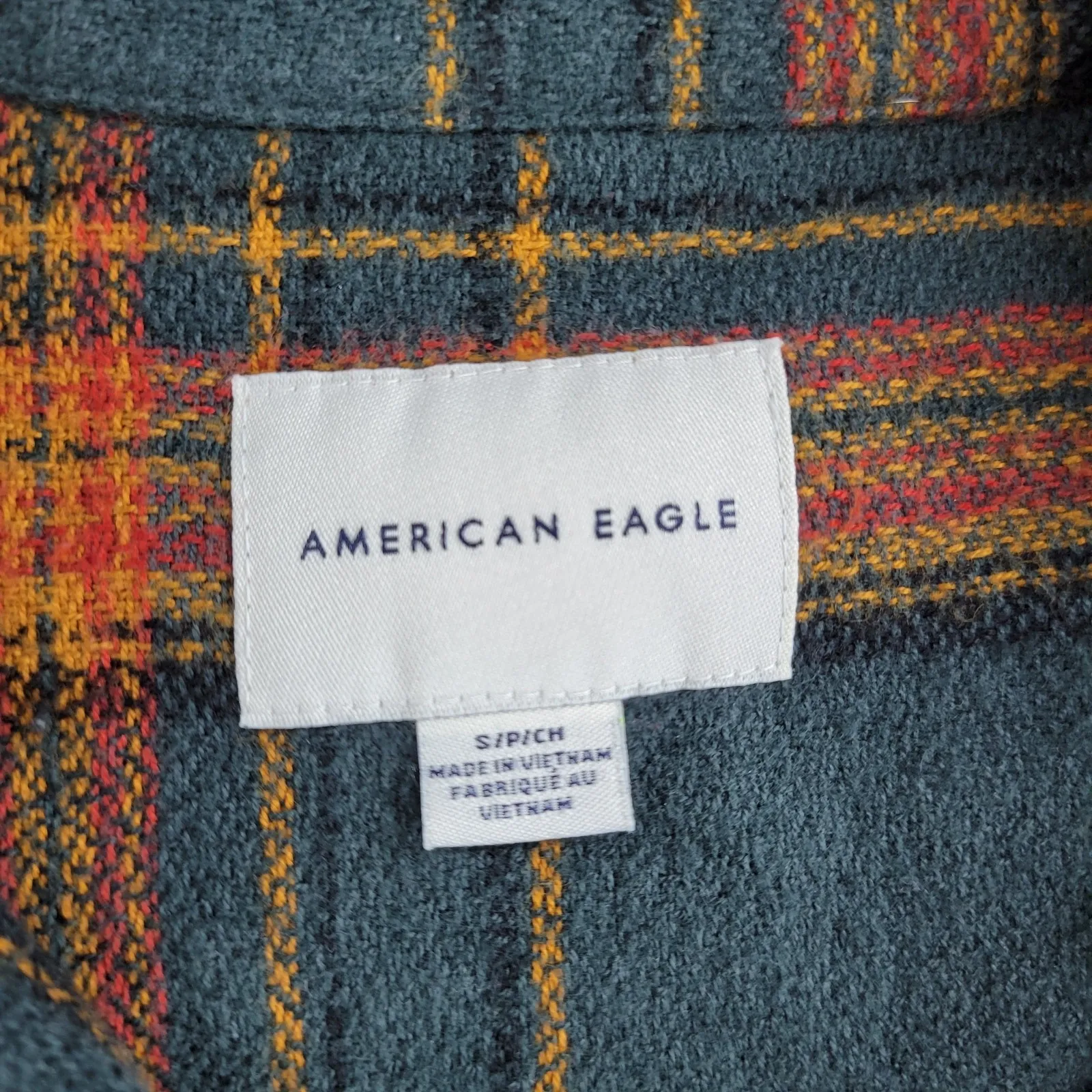 American Eagle Womens Top S Green Orange Tartan Plaid Cropped Boxy Fit Button Up - Image 3