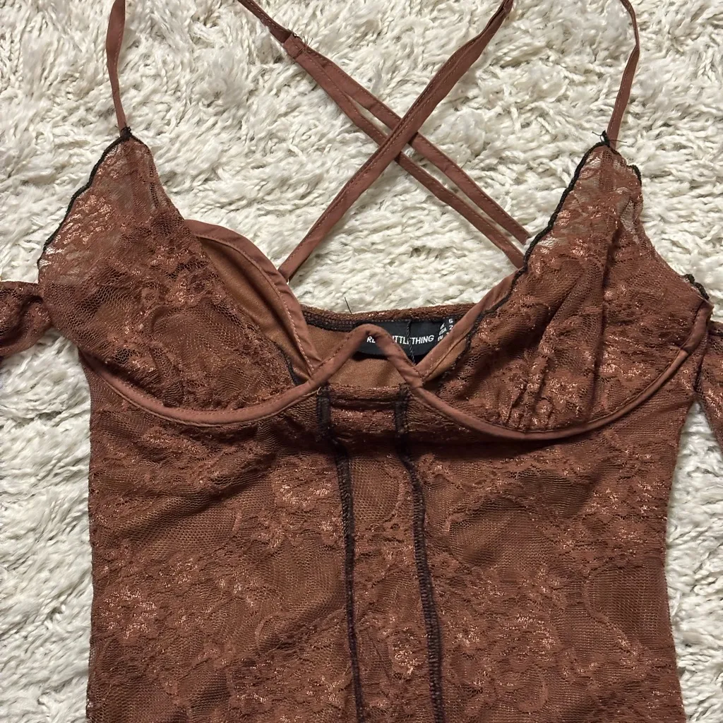 PrettyLittleThing Chocolate Lace Underwired Dress Size 2 - Image 15