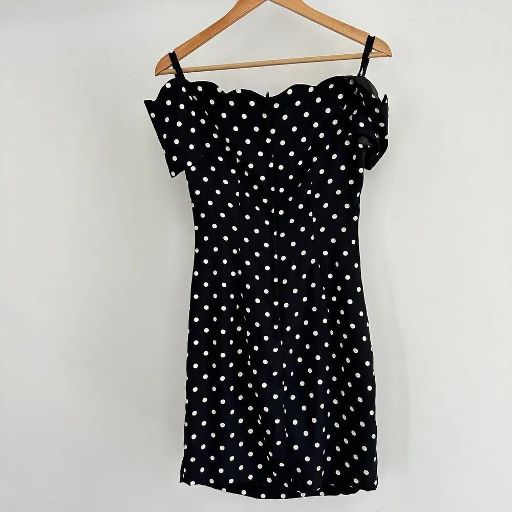 Vintage Polka Dot Dress Womens Small 90s Mini Bodycon Retro Pinup Off Shoulder Black - Image 11