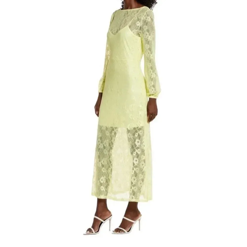 Open Edit Sheer Lace Long Sleeve Maxi Dress Yellow Elfin Size Large - Image 4