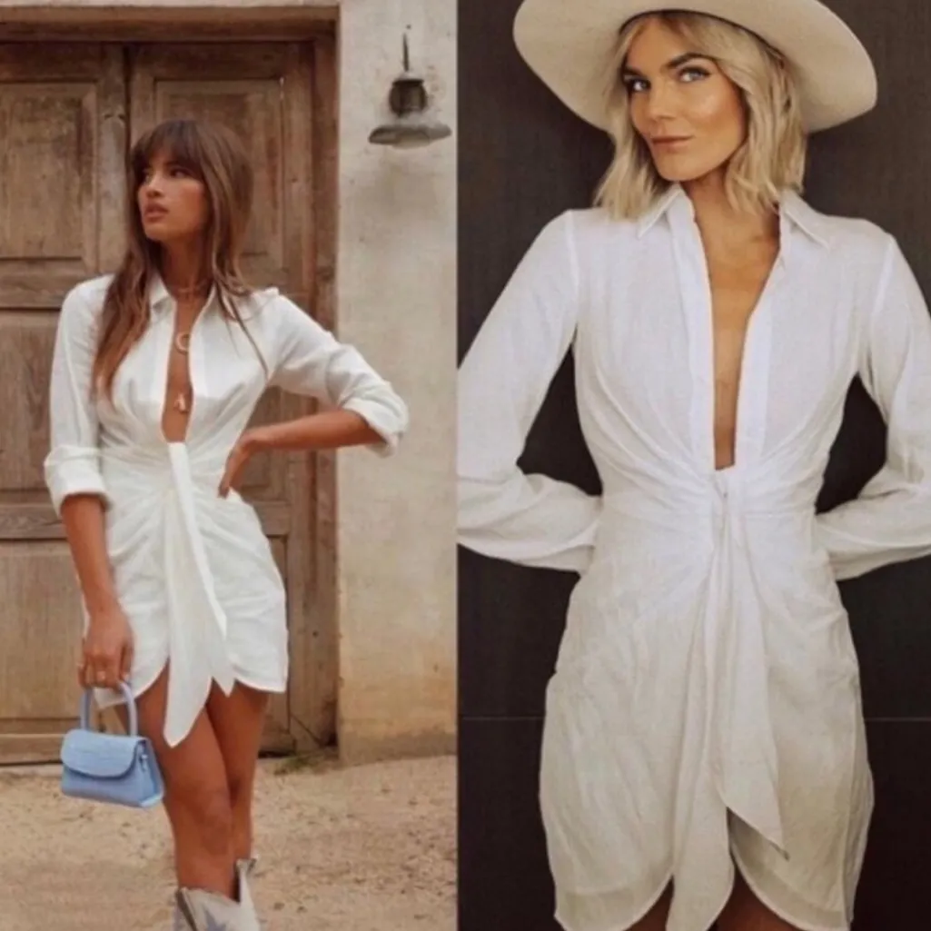 CHOOSY Elegant White Deep Plunge Sexy Shirt Dress Long Sleeve Mini NWT Boutique Size 6 - Image 4