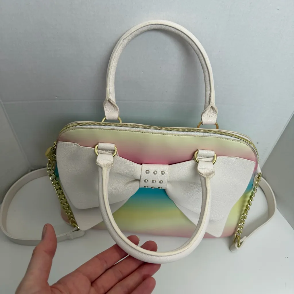Betsey Johnson Purse Handbag Crossbody Bow Studded Chain Rainbow Ombré Gold - Image 5