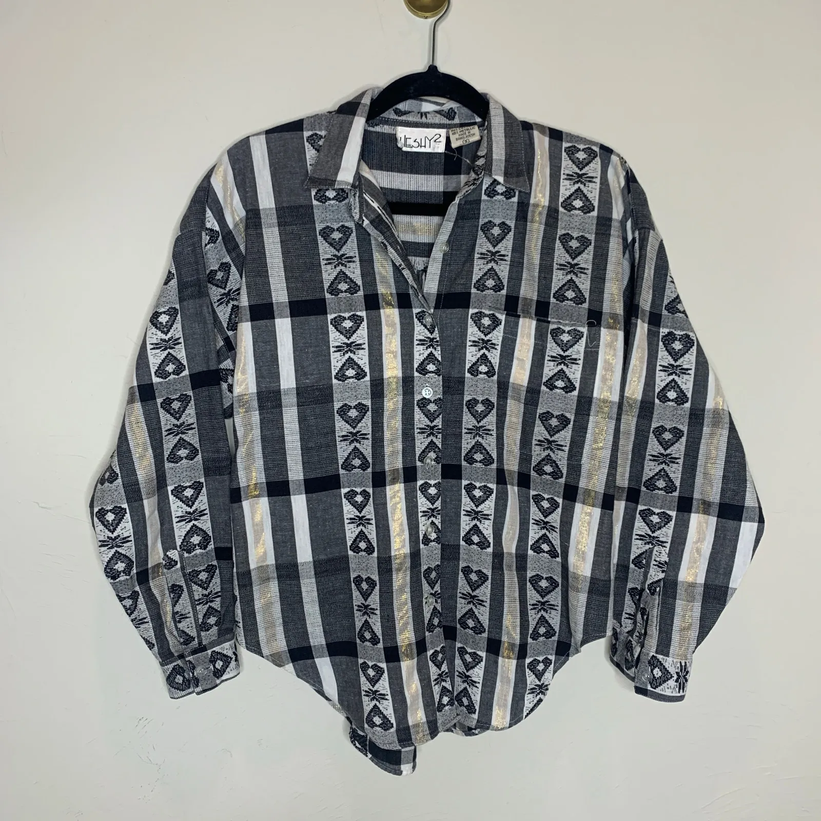 90s Metallic Black Heart Stripe Print Cotton Shirt Sz Small - Image 5