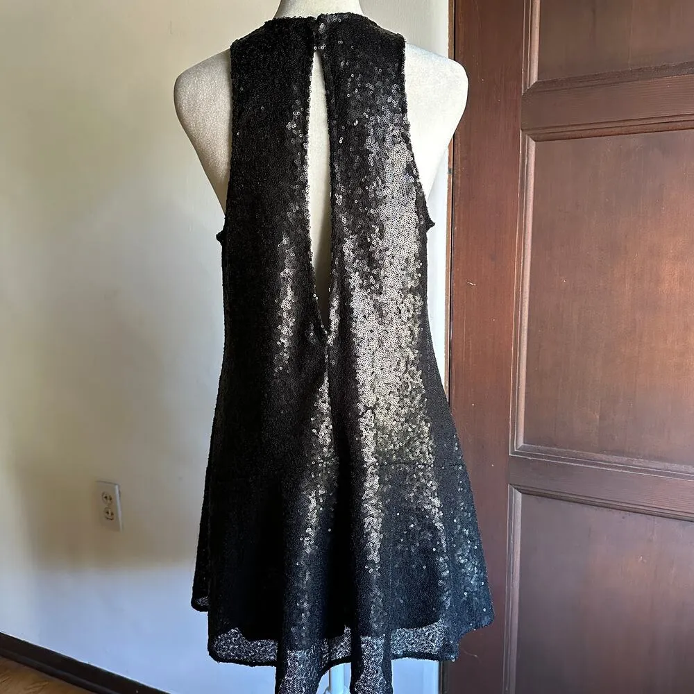 FREE PEOPLE Liquid Shine Black Sequin High Neck Cocktail mini dress Extra Small - Image 6